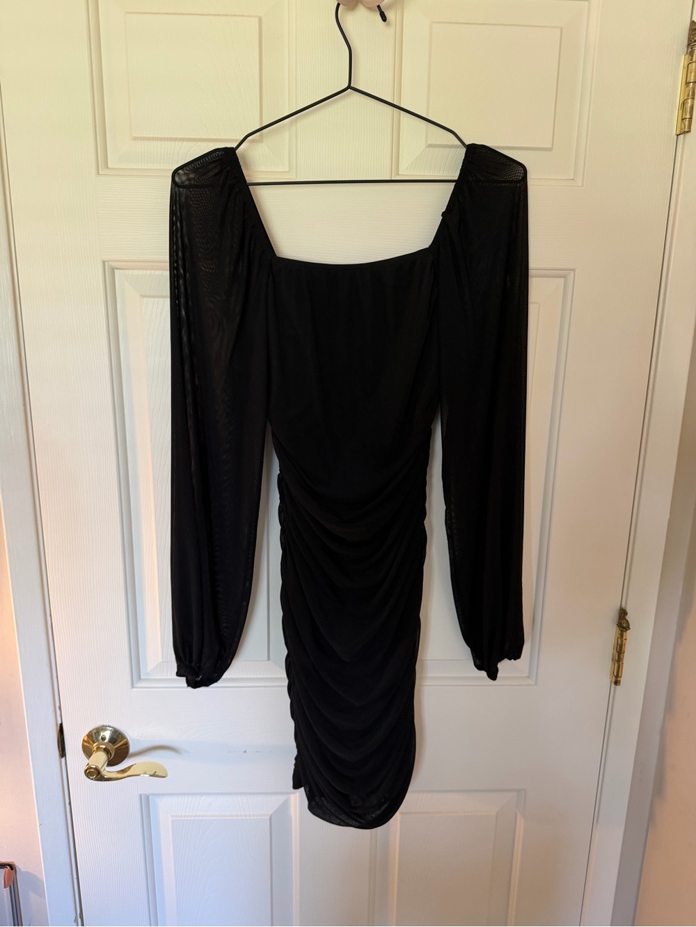 Black Ruched Long-Sleeve Square Neck Dress